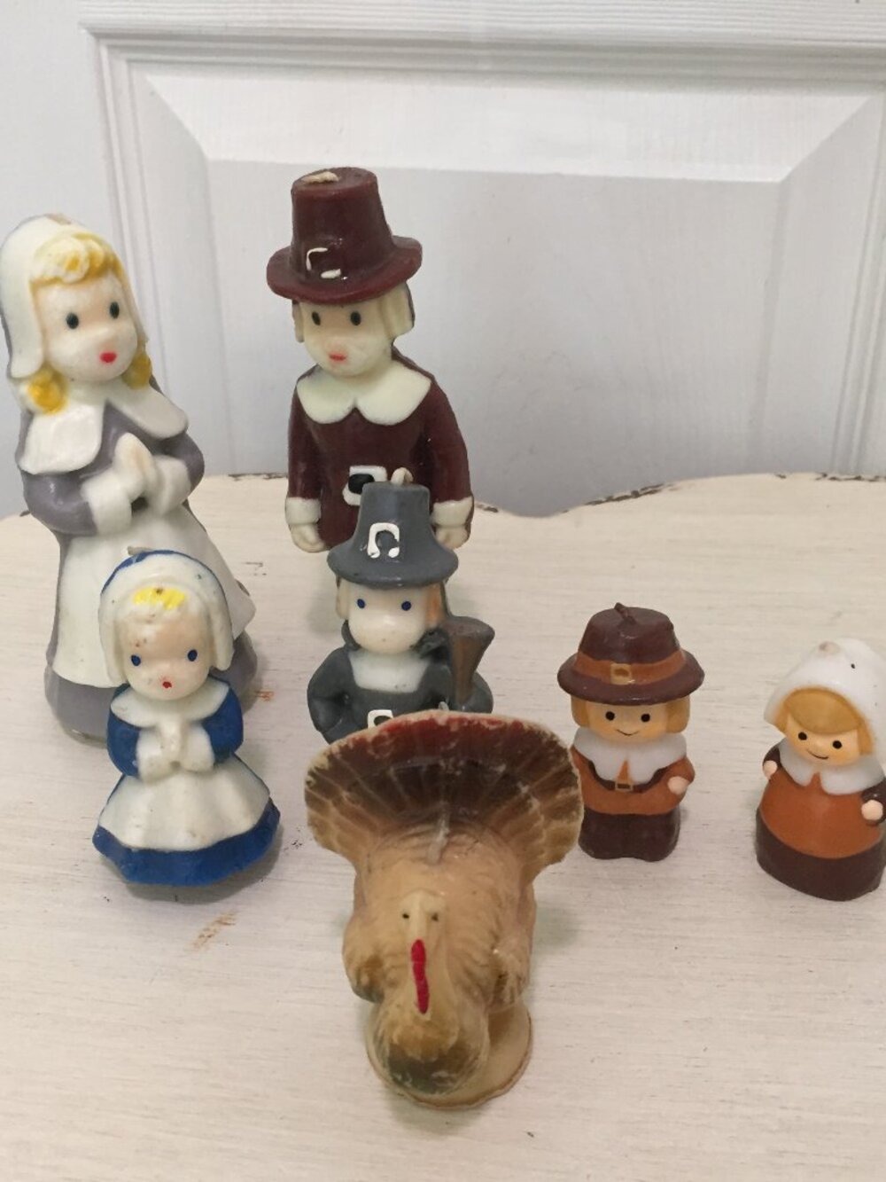 8 Vintage Gurley & Unmarked Thanksgiving Candles 1 Turkey 2 Pilgrims 5", 4 X 2"